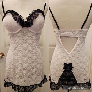 Y2K Linea Donatella Pink & Black Lace Mesh Lingerie Slip Dress w Bow Detail.